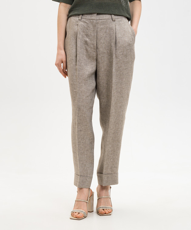 Peserico Коричневые брюки из льна с отворотами P04316V02598 изображение 3