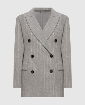 Brunello Cucinelli Сірий двобортний жакет з вовною в смужку MG5767306