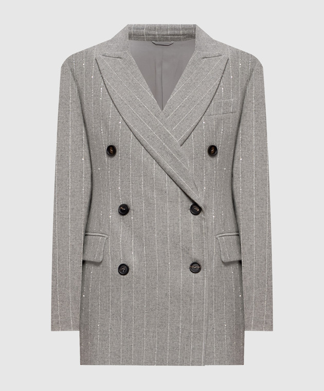 Brunello Cucinelli Серый двубортный жакет с шерстью в полоску MG5767306