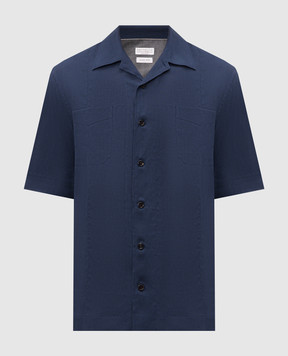 Brunello Cucinelli Синя сорочка з льону з короткими рукавами MM6840619