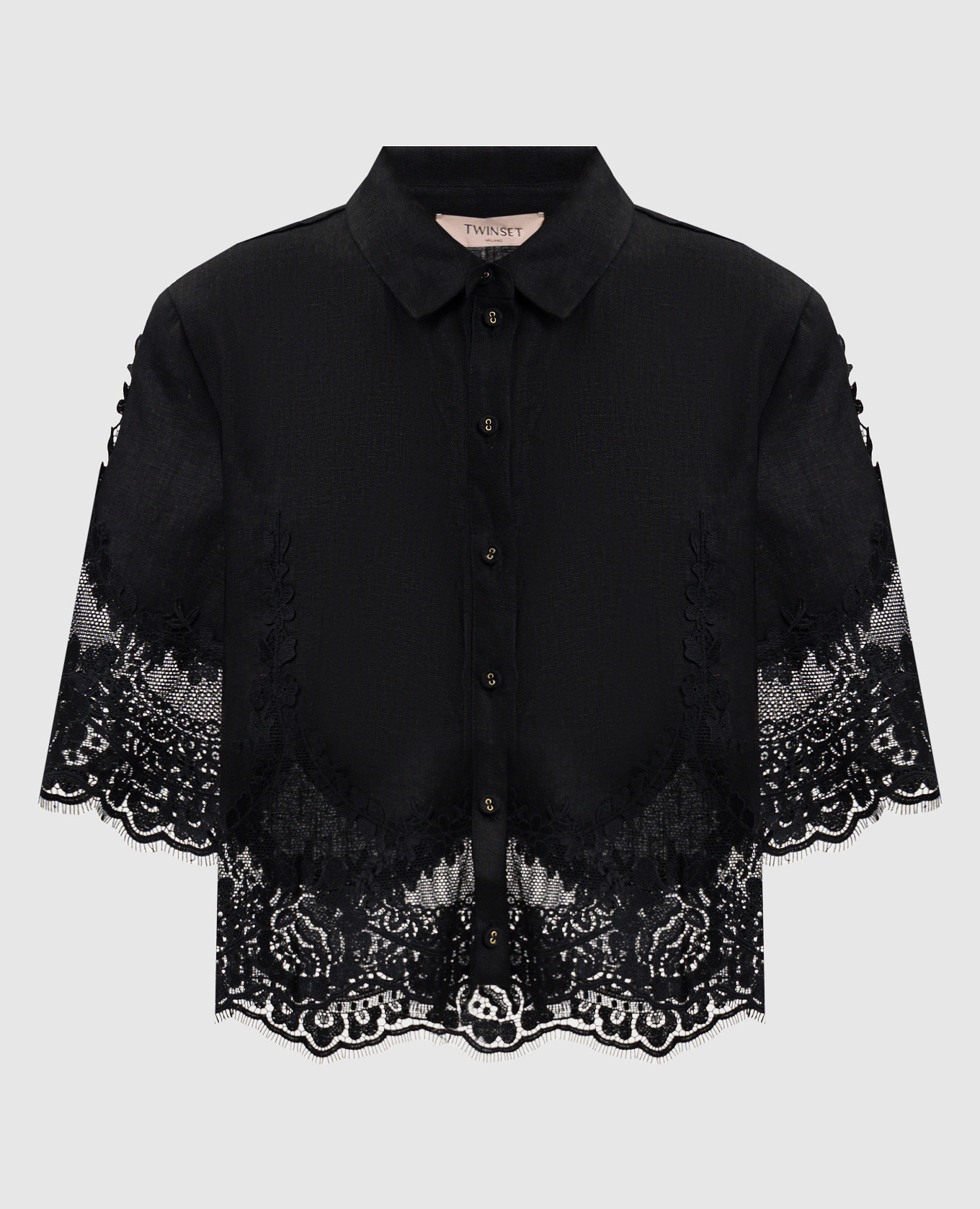 Чорна блуза з льону з мереживом