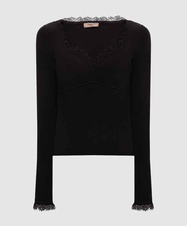 Twinset Коричневый джемпер в рубчике с кружевом 262TP3390