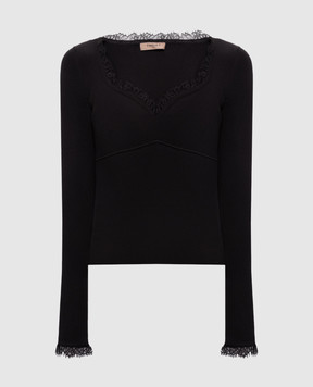 Twinset Коричневый джемпер в рубчике с кружевом 262TP3390