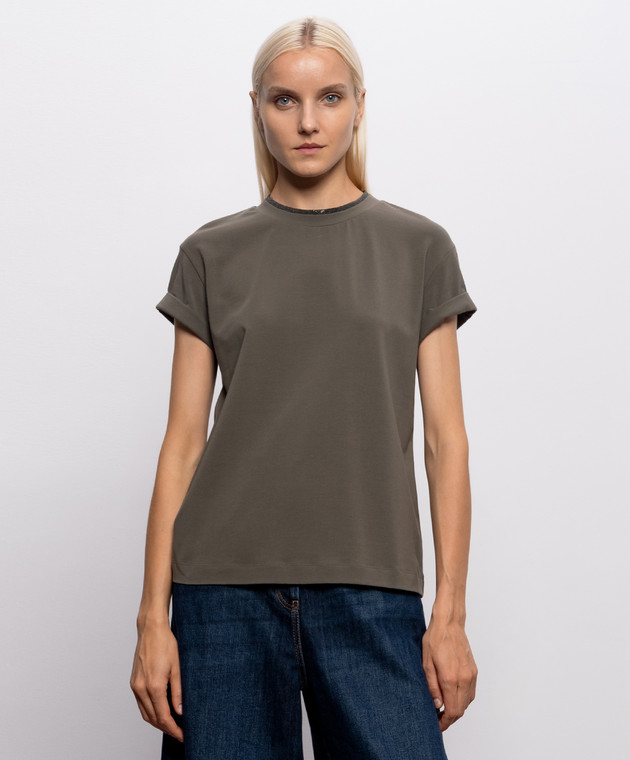 Brunello Cucinelli Футболка цвета хаки с цепочкой мониль M0T18BD200 изображение 2