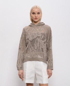 Brunello Cucinelli Коричневое ажурное худи с леном с пайетками MDT771009