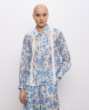 Twinset Белая блуза с льном в цветочный принт 261LM2SAA