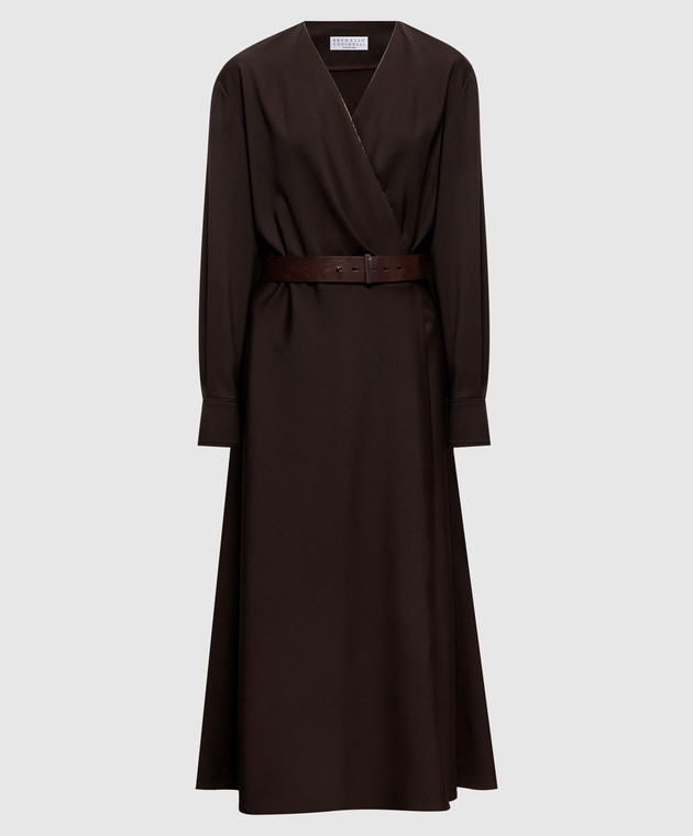 Brunello Cucinelli Коричневое платье миди с шерстью MB143A5547