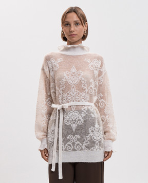 Twinset Ажурний светр кольору айворі з поясом 262TP3342