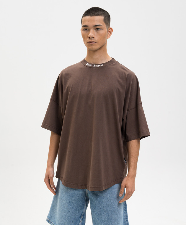 Palm Angels Коричневая футболка с контрастным логотипом PMAA10BS26JER001 изображение 3