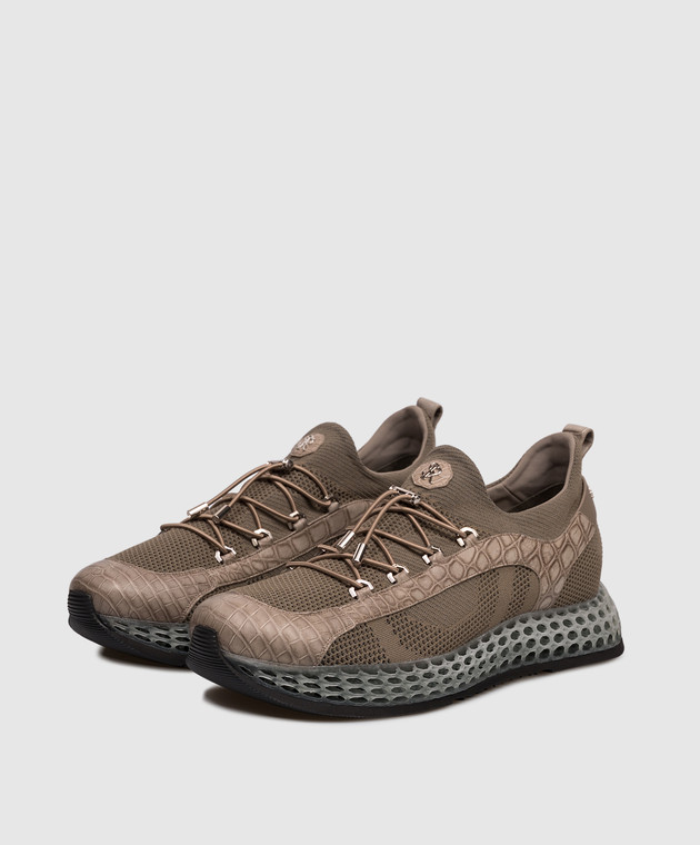 Stefano Ricci Комбинированные кроссовки с кожей крокодила цвета хаки UR88G6665TSCT изображение 2