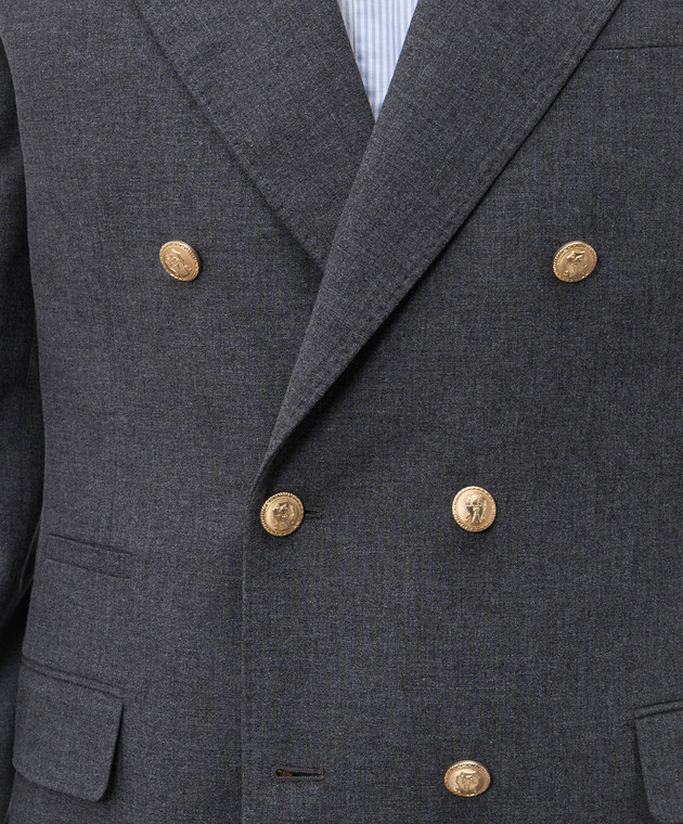 Brunello Cucinelli Серый двубортный пиджак с шерстью и льном MP4998BPCG изображение 5