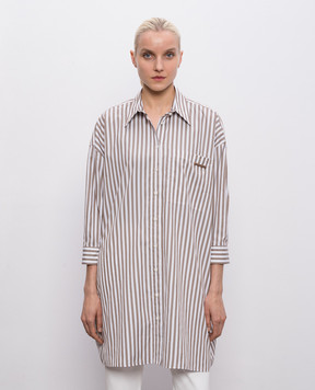 Brunello Cucinelli Коричневая удлиненная рубашка с шелком в полоску MH744MR106