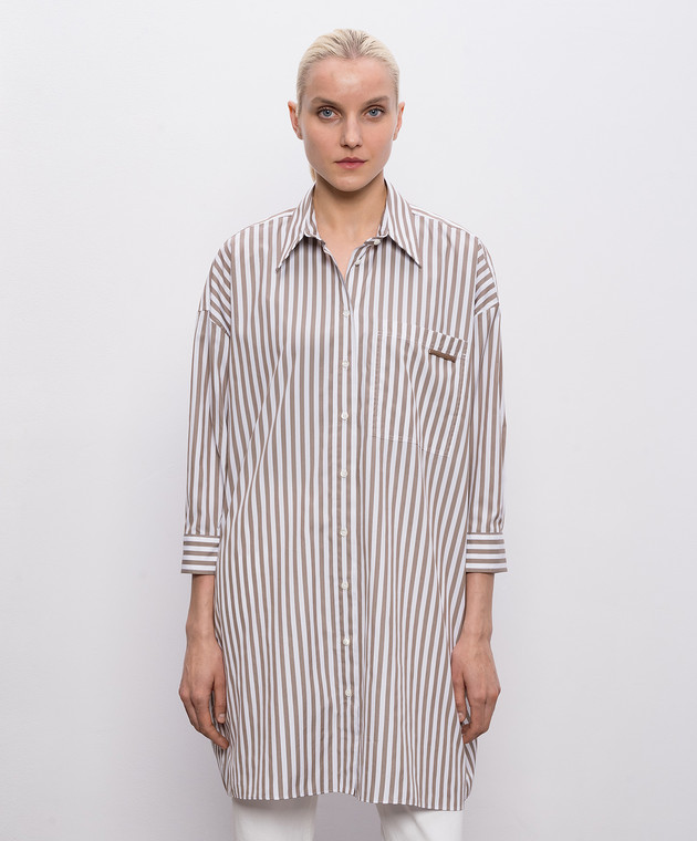 Brunello Cucinelli Коричнева подовжена сорочка з шовком в смужку MH744MR106 зображення 3