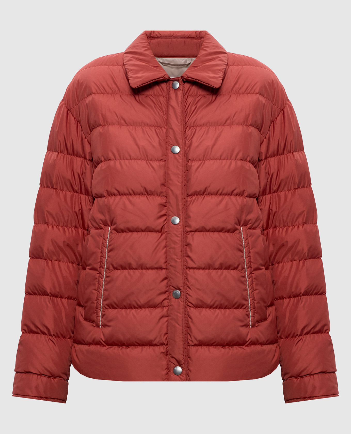 Красная пуховая куртка с цепочкой мониль