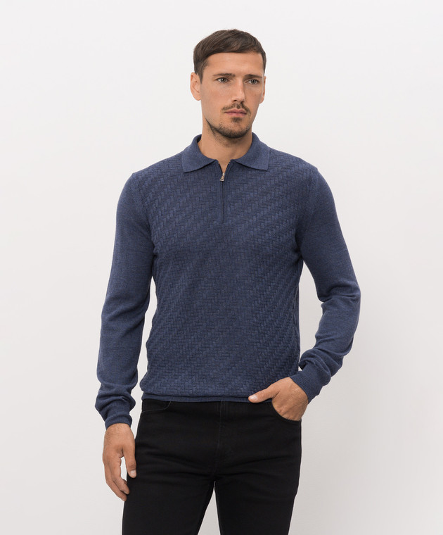 Cashmere&Whiskey Синє поло з вовни мериноса у візерунок 1034 зображення 3