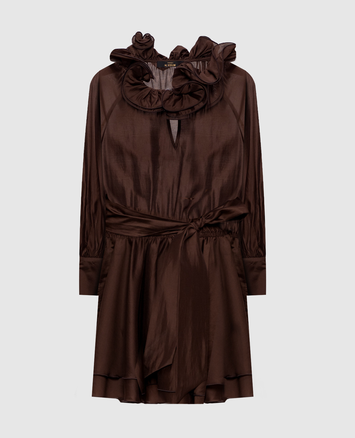 Коричневое платье мини с рюшами