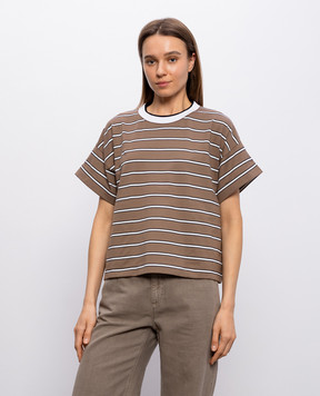 Brunello Cucinelli Коричнева футболка в смужку з кишенями MQ984ES810