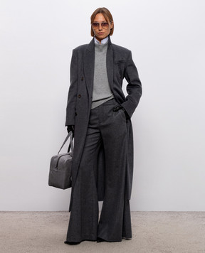 Brunello Cucinelli Серое двубортное пальто из кашемира с цепочкой мониль MD5039673
