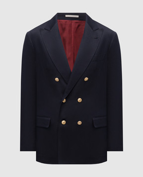 Brunello Cucinelli Синий двубортный пиджак из шелка и льна MR4787BPDG