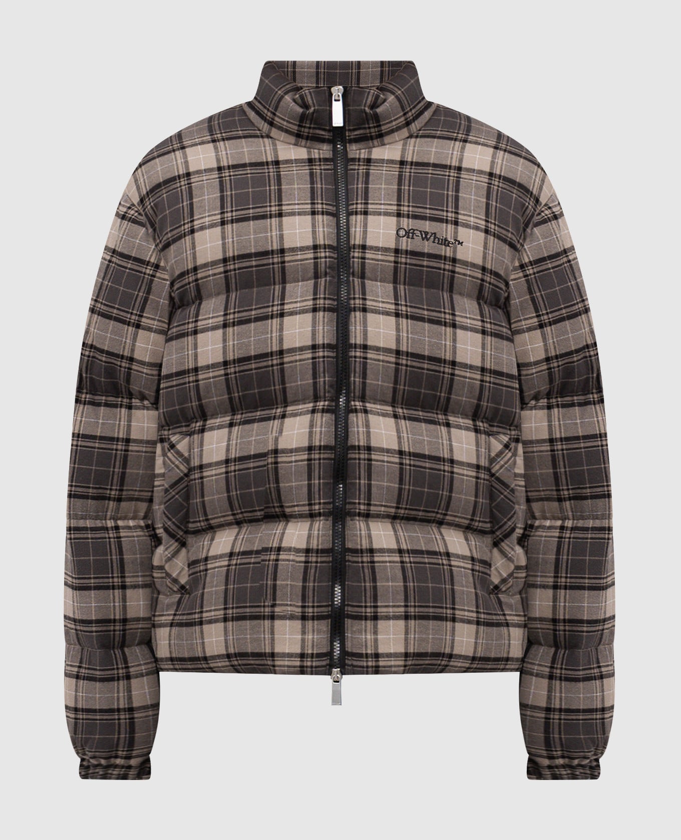 Серый пуховик в клетку с логотипом