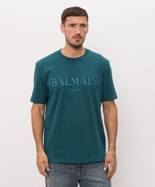 Balmain Зеленая футболка с вышивкой логотипа HH1EG000BD60 изображение 3