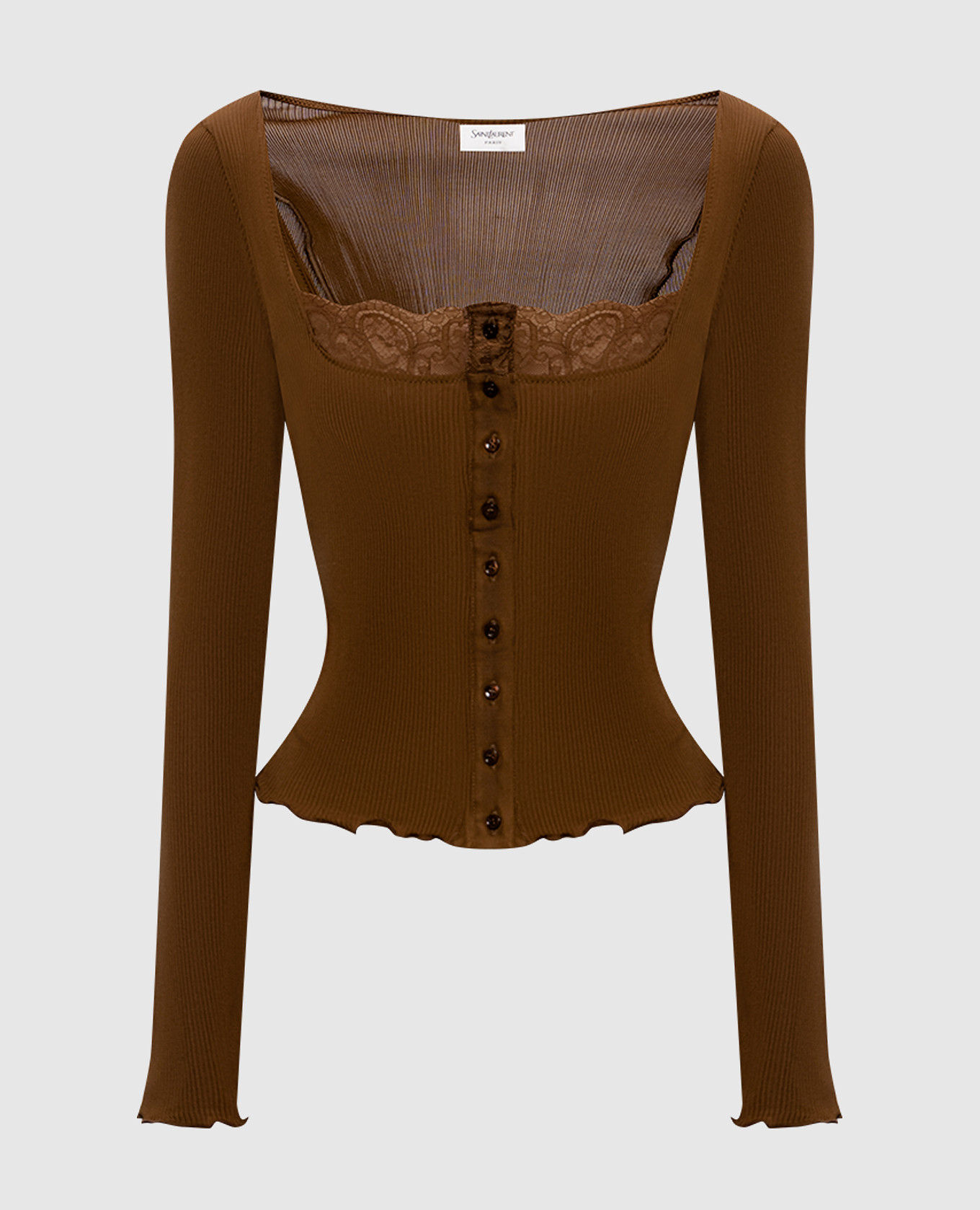 

Коричневый топ из шелка с кружевом, Топы