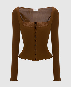 Saint Laurent Коричневый топ из шелка с кружевом 867253Y37SM