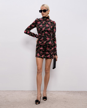 Dolce&Gabbana Чорна сукня міні із шовку з драпіруванням в принт F60G2TFSA8G