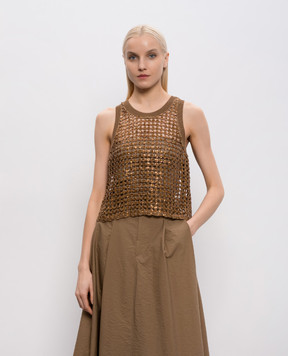 Brunello Cucinelli Коричневий ажурний топ із шовку та льону з паєтками MCBR11800