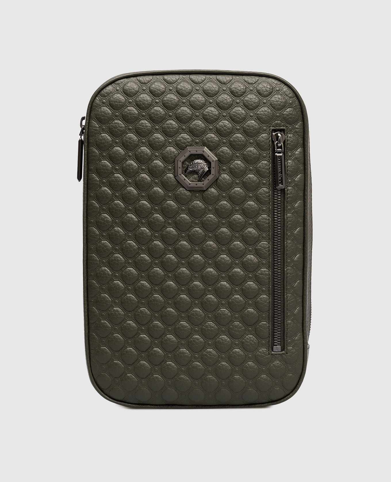 

Кожаная сумка-слинг цвета хаки с эмблемой с рутениевым покрытием, Сумки через плечо