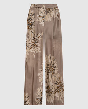 Brunello Cucinelli Брюки цвета хаки из шелка в цветочный принт MQ967P9229