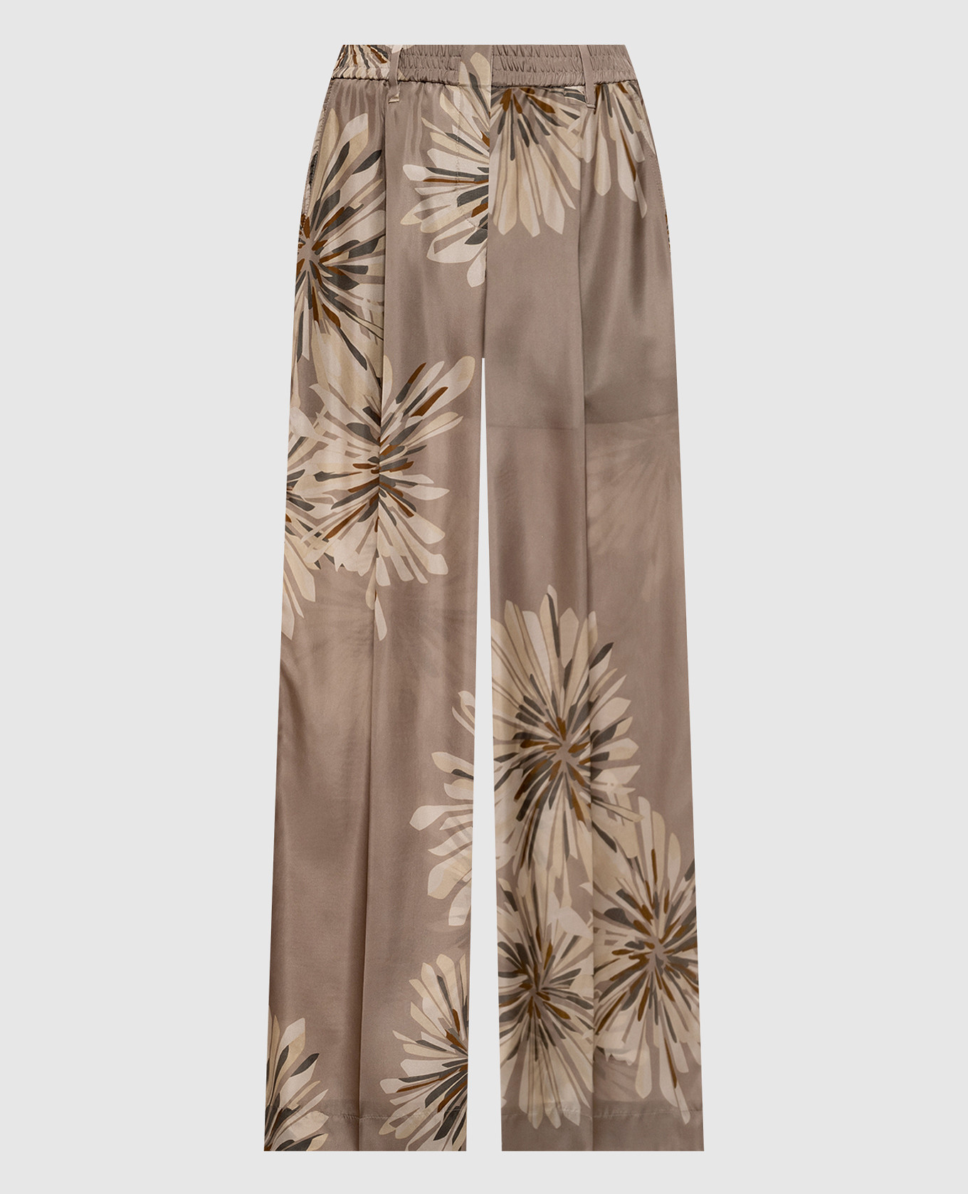 Брюки цвета хаки из шелка в цветочный принт