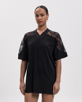 Off-White Чорна сукня-футболка міні з мереживом 2FU00648T