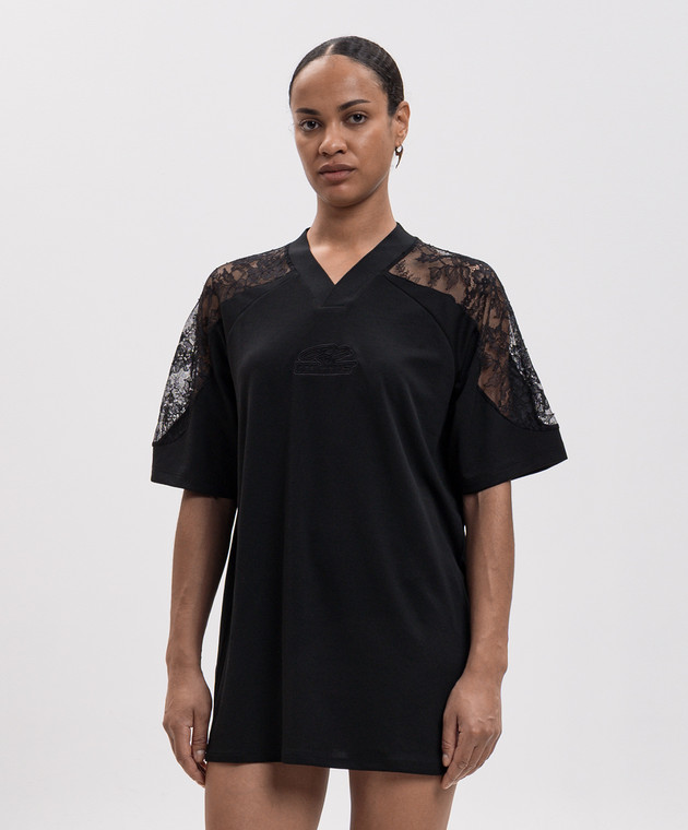 Off-White Чорна сукня-футболка міні з мереживом 2FU00648T зображення 3