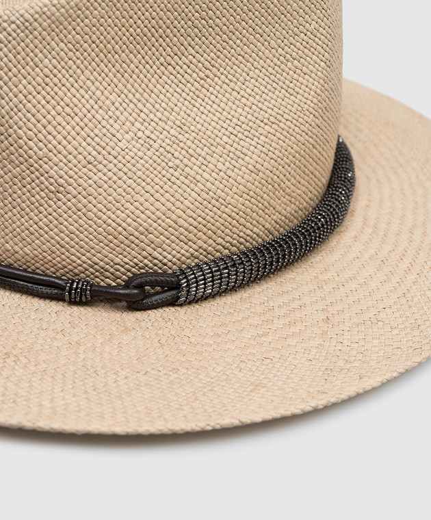 Brunello Cucinelli Бежевий солом'яний капелюх-федора з ланцюжком моніль MCAP90036 зображення 4