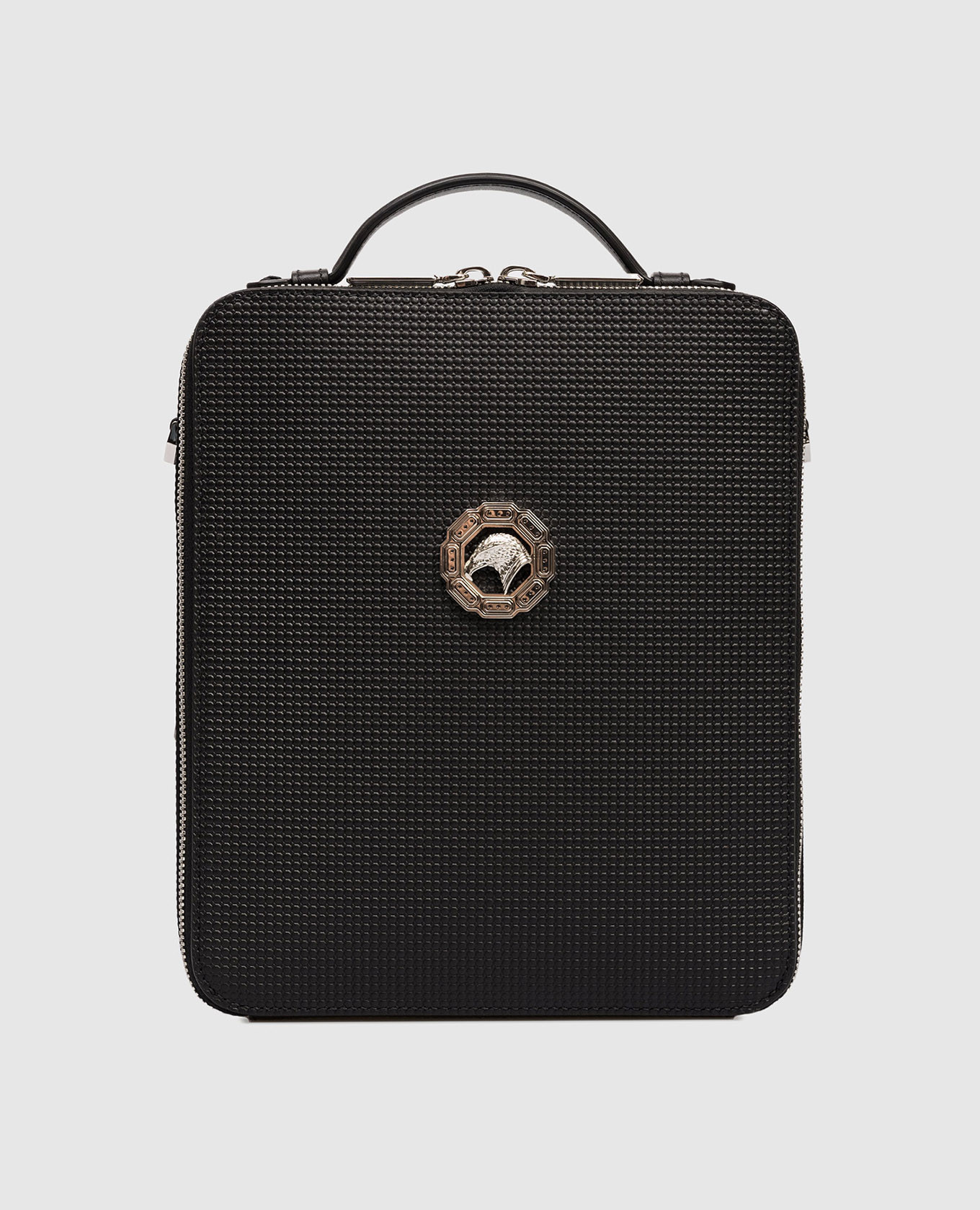 

Черная кожаная сумка с фактурной эмблемой, Черный, Сумки через плечо