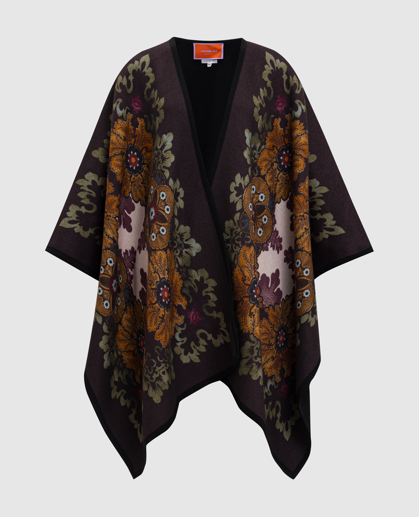 

Бордовое пончо из шерсти в брендовый принт, Бордовый, Пончо