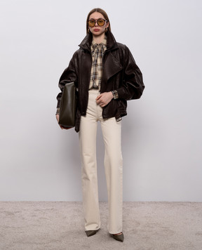 Saint Laurent Коричнева шкіряна куртка з подвійним коміром 798780YCNF2