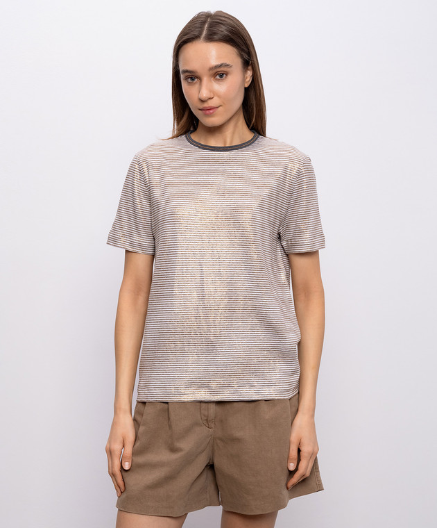 Brunello Cucinelli Бежевая футболка из льна в полоску MQ977DU500 изображение 3