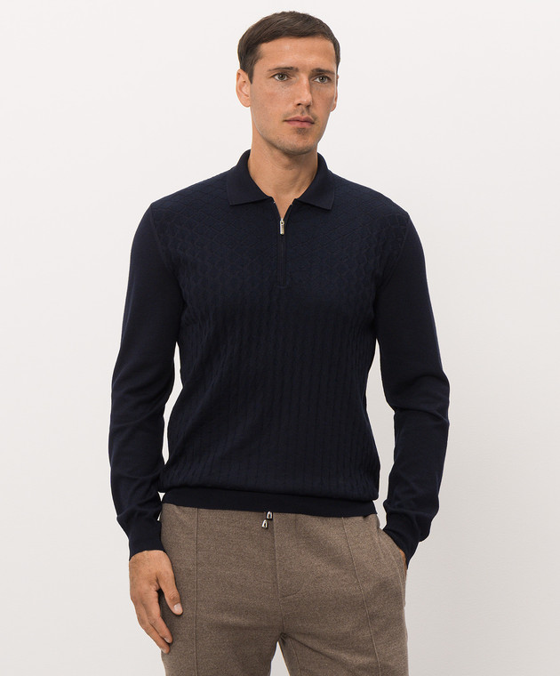 Bertolo Cashmere Синее поло с шерстью и шелком в тканом узоре 902626002566 изображение 3