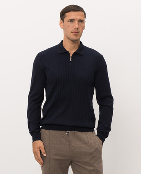 Bertolo Cashmere Синее поло с шерстью и шелком в тканом узоре 902626002566
