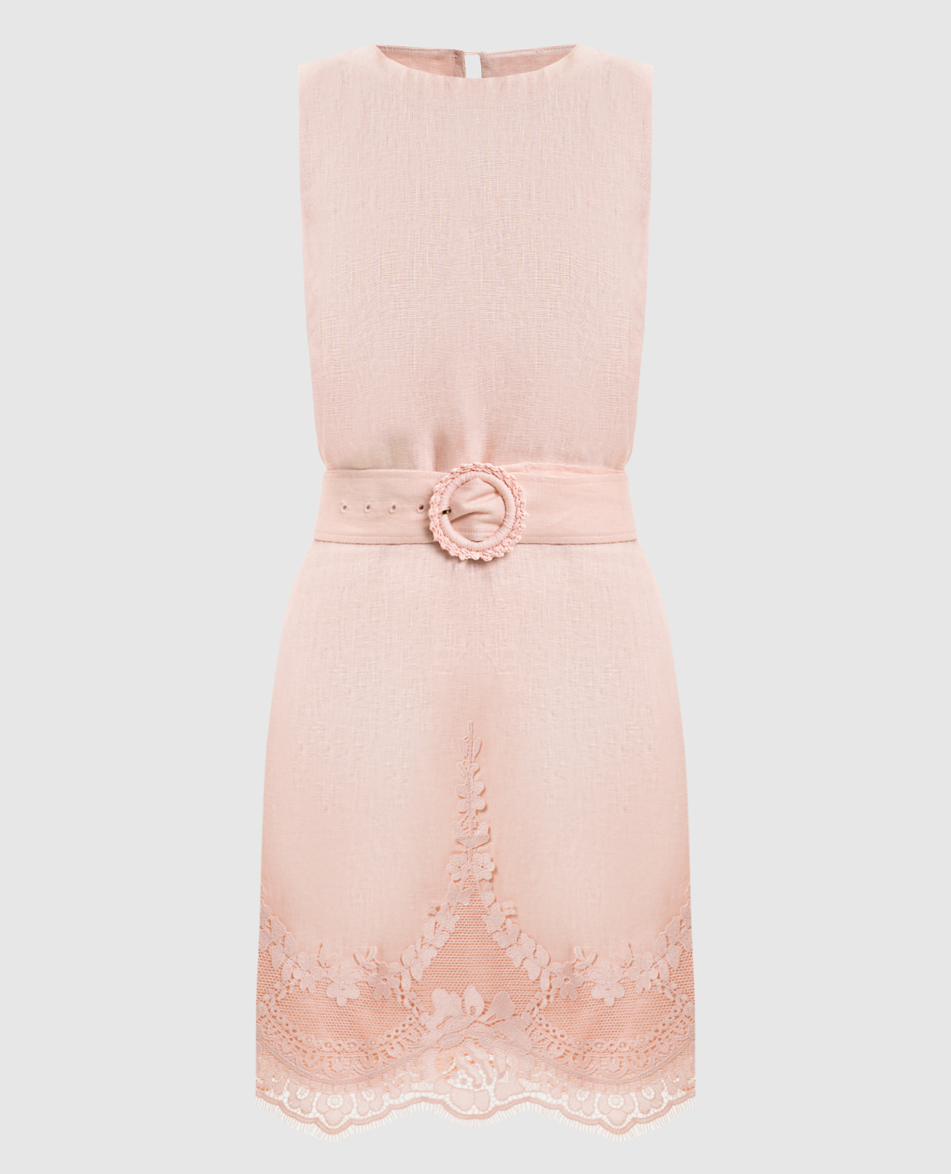 Розовое платье мини из льна с кружевом