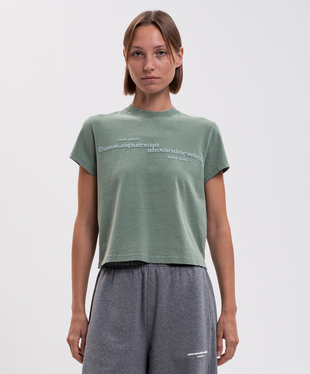 Alexander Wang Зеленая укороченная футболка с фактурным логотипом 1CC3261386 изображение 3