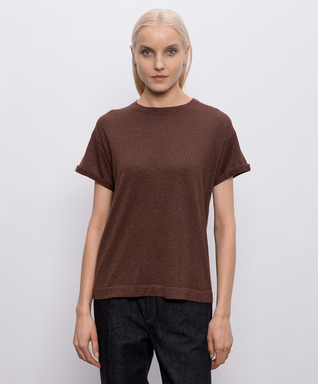 Brunello Cucinelli Коричнева футболка з кашеміром та шовком з люрексом M41810000P зображення 3