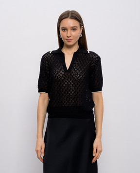 Agnona Чорний ажурний топ з коміром-поло K3110557C080P