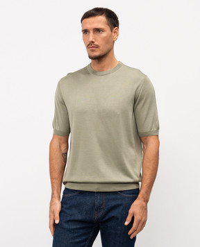 Stefano Ricci Футболка кольору хакі із шовку з вишивкою логотипа K616215G10F26101