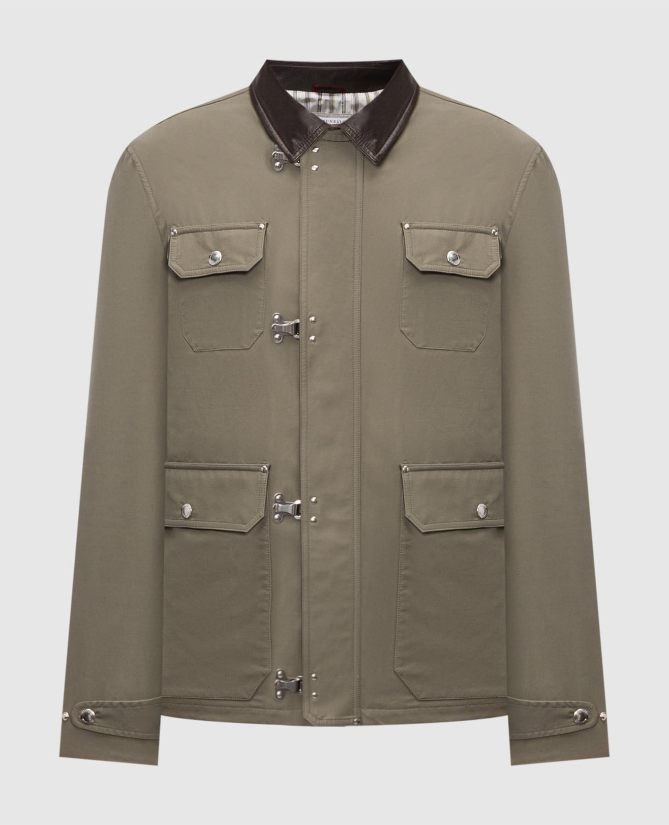 

Куртка цвета хаки с кожаным воротником, Куртки