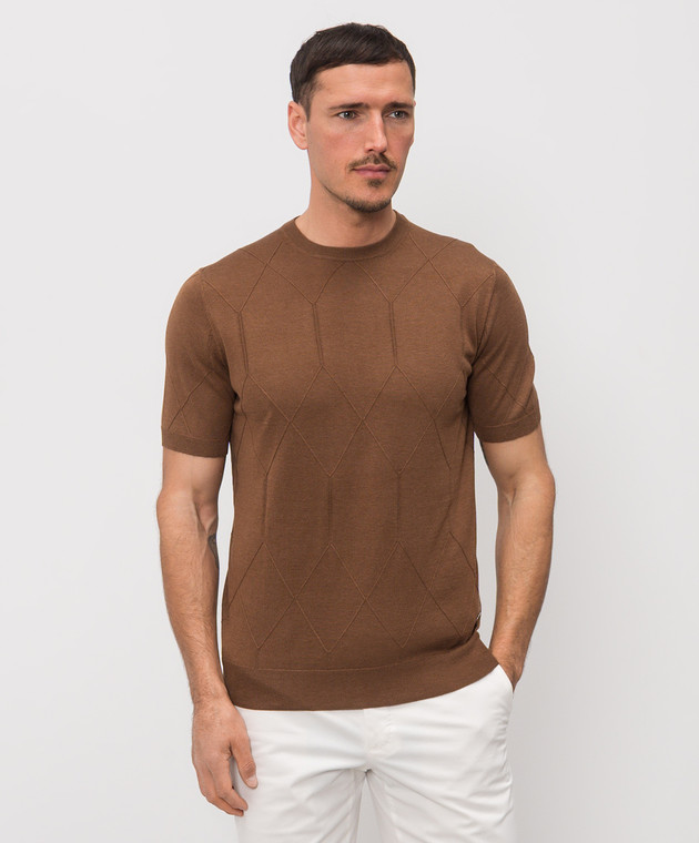 Enrico Mandelli Коричнева футболка з шовком з геометричним візерунком 3K009A5645 зображення 3