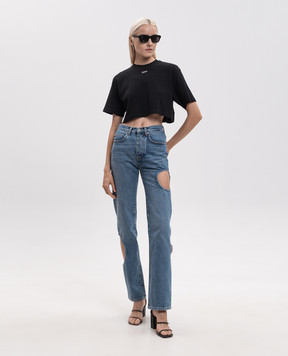Off-White Черная укороченная футболка в рубчик 2FA00678T