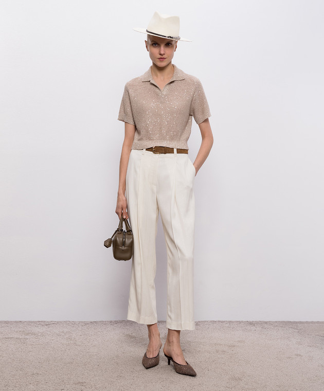 Brunello Cucinelli Бежевый топ из льна, кашемира и шелка в пайетке MDJ547605 изображение 2